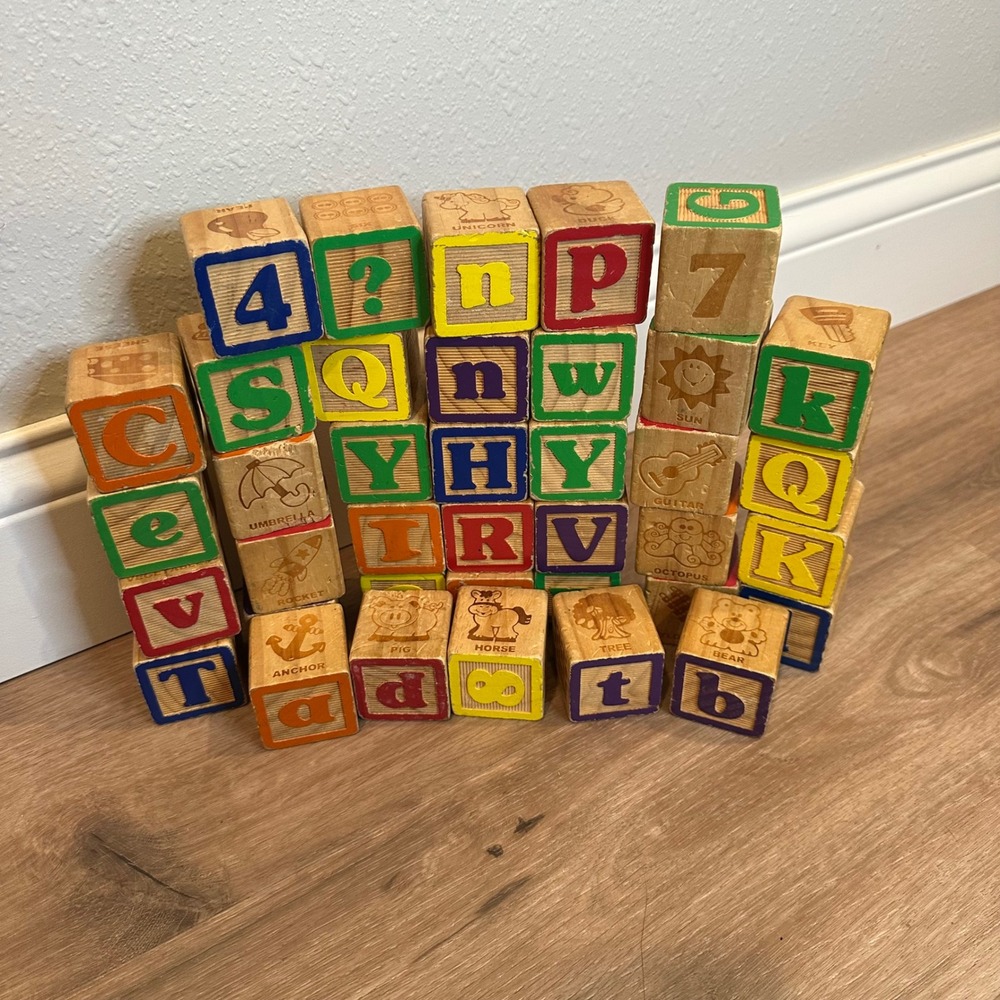 Wooden Alphabet Blocks Kids OS Multicolor Vintage Style Learning Toy STEM ECO